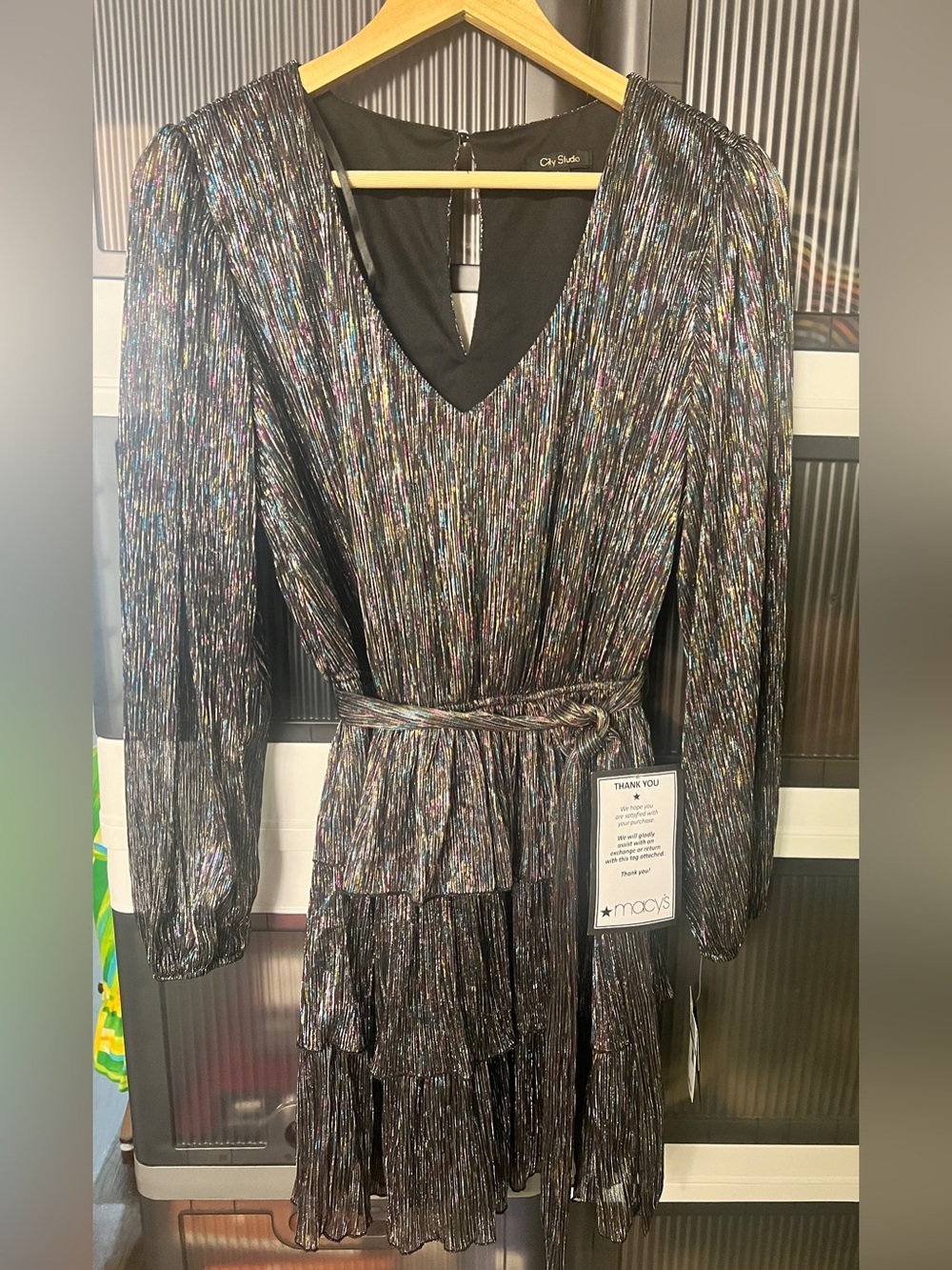 City Studio Black Metallic Multi-Stripe V-Neck Tiered Dress Size M/L NWT